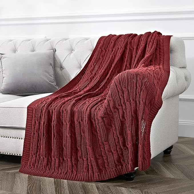 Aormenzy Cable Knit Throw Blankets 50 x 60 Inches, Soft Cozy and Lightweight Knitted Blanket, Machine Washable Acrylic Blanket, Decorative Throw Blanket for Couch Sofa Bed, Dark Red