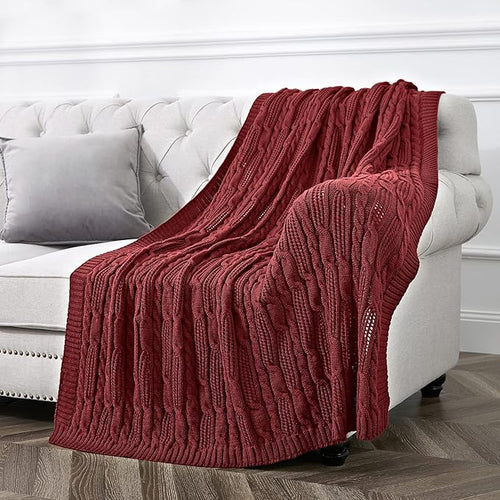 Aormenzy Cable Knit Throw Blankets 50 x 60 Inches, Soft Cozy and Lightweight Knitted Blanket, Machine Washable Acrylic Blanket, Decorative Throw Blanket for Couch Sofa Bed, Dark Red