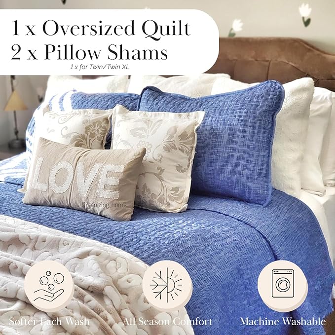 Southshore Fine Living, Inc. Oversized Quilt Bedding Set, Twin XL Coverlet with Matching Pillow Sham, Harmony Floral Coverlet, All Season Quilt Bedspread, Lightweight Twin XL Quilts, Blue