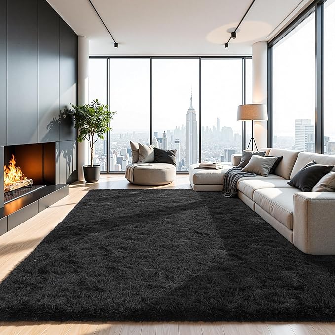 Blivonta Area Rugs for Bedroom Living Room, 4x6 Soft Large Fluffy Fuzzy Shag Plush Furry Carpet, Soft Indoor Floor Mat for Kids Nursery Home Dorm Office Decor Aesthetic, Black