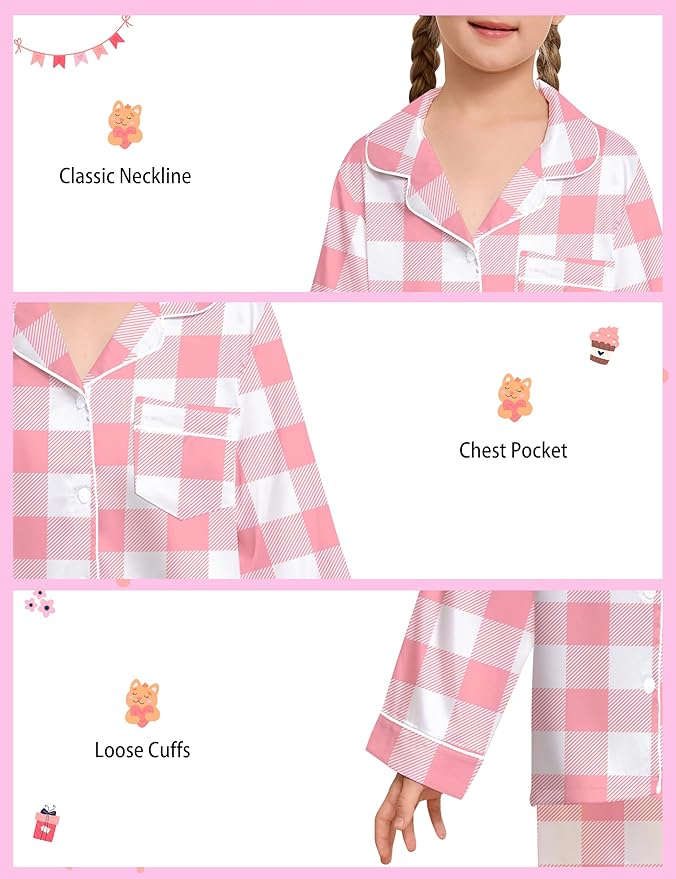 EPLAZA Kids Satin Pajamas Sets Girls Boys Button-Down Silky Pajamas Sleepwear with Hairband Eye Mask Hair Tie