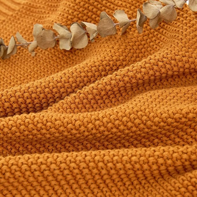 Longhui bedding Burnt Orange Cotton Cable Knit Throw Blanket for Couch Sofa Chair Bed Home Decorative, 3.4 Pounds 60 x 80 Inch Woven Throw Blankets with Bonus Laundering Bag