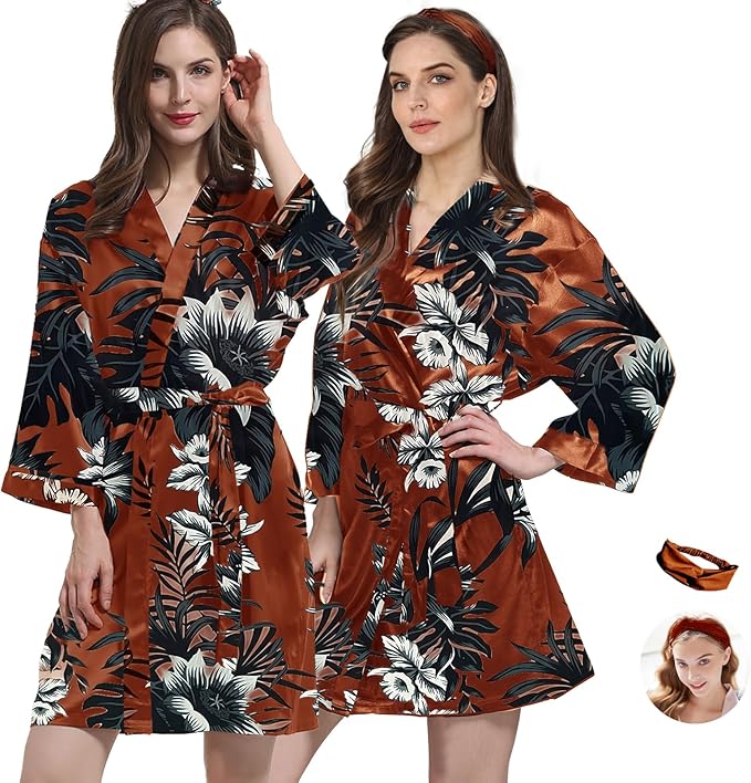 WJing Yi Jia 2Pcs Womens Floral Kimono Robe Silk Robes Bride Bridesmaid Satin Robes Bridal Dressing Gown Silky Bathrobe