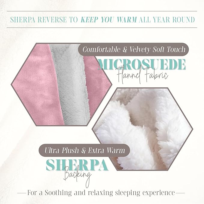 Elegant Comfort Throw Blanket, Reversible Sherpa Flannel, Ultra-Soft, Fuzzy, Cozy and Plush- All Season Lightweight Decorative Throw, 50 x 60 inches, Solid Sherpa Throw, Light Pink