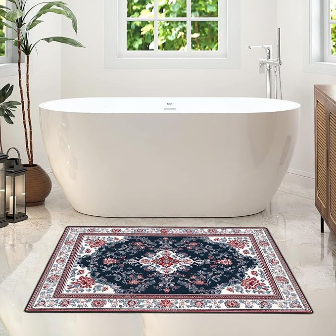 Area Rug 2x3 ft Entry Rug Washable Vintage Boho Rugs Non Slip Low Pile Floral Door Mat Small Carpet for Bedroom, Bedside, Kids Room, Office, Dining Room