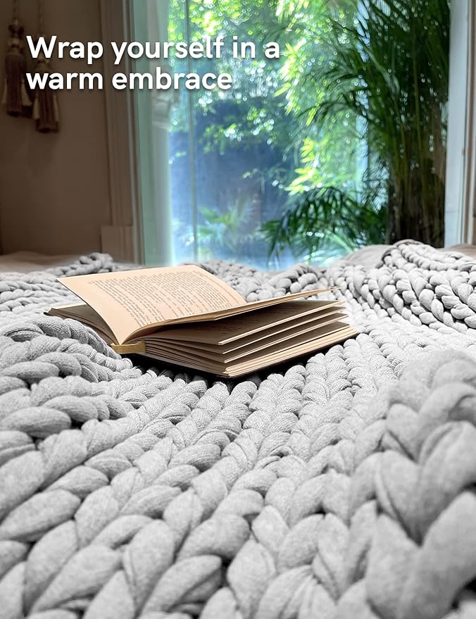 YnM 100% Cotton Weighted Blanket, Handmade Chunky Knitted Throw, No fillers Design, Soft and Breathable, Machine Washable Bed Blanket for Sleep or Home Decor (Lighte Grey, 40x50 Inch, 10lbs)