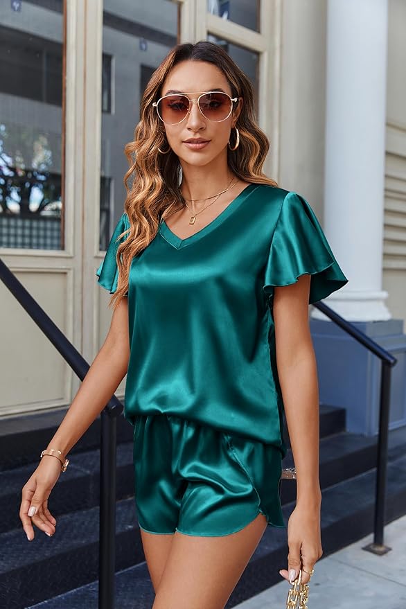 Ekouaer Women Satin Pajamas Set Ruffle Sleeves Silk Pj Set Soft V Neck Sleepwear Loungewear
