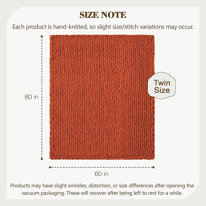 Carriediosa Chunky Knit Throw Blanket 60" X 80" Twin, 100% Hand Made Large Chenille Loop Yarn Soft Fluffy Throws for Couch Sofa Bed, Big Crochet Cozy Heavy Thick Cable Woven Blankets, Rust