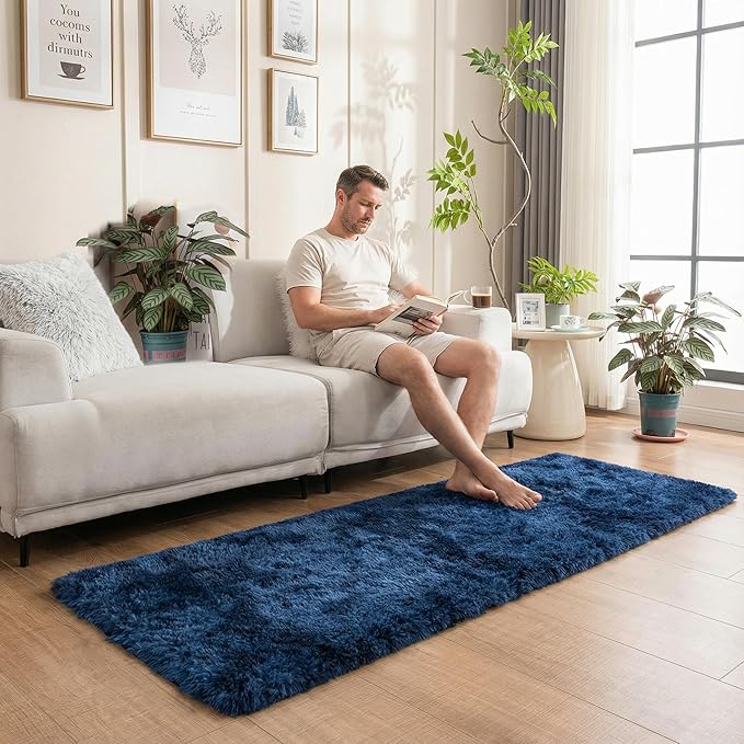 duduta Navy Blue Fluffy Plush Runner Rugs 2x6 ft Tie Dye Rectangle Shag Rug for Bedroom Dorm Living Room Kids Room, Machine Washable Anti-Slip