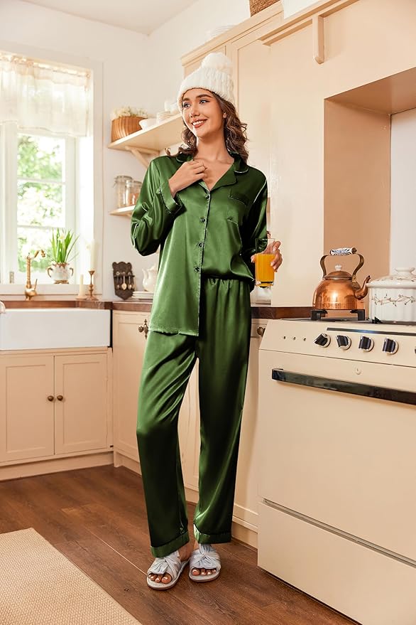 Ekouaer Women's Classic Button Down Long Satin Silk Pajama Set