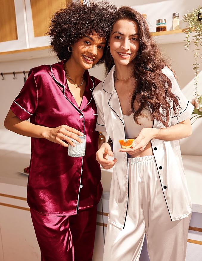Ekouaer Satin Pajamas Set Women Short Sleeve Sleepwear Soft Button Down Loungewear Pjs Set
