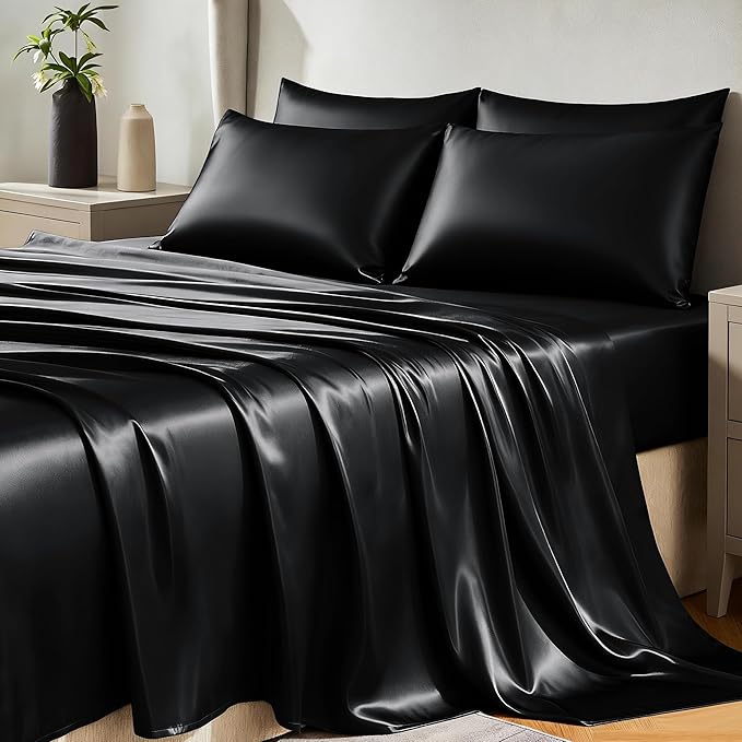 CozyLux Satin Sheets Full Size Sheets - 6 Piece Silky Full Size Bed Sheets, Luxury Black Full Bed Set with Smooth and Soft Microfiber, Includes 1 Fitted Sheet, 1 Flat Sheet and 4 Pillowcases