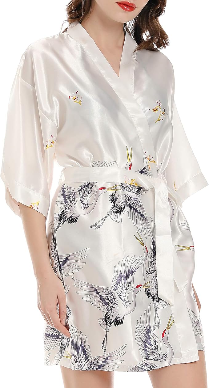 Women Kimono Robes Satin Dressing Gown Crane and Blossoms Sleep Lounge Nightwear Short Silk Bride Bridesmaid Robe