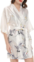 Women Kimono Robes Satin Dressing Gown Crane and Blossoms Sleep Lounge Nightwear Short Silk Bride Bridesmaid Robe