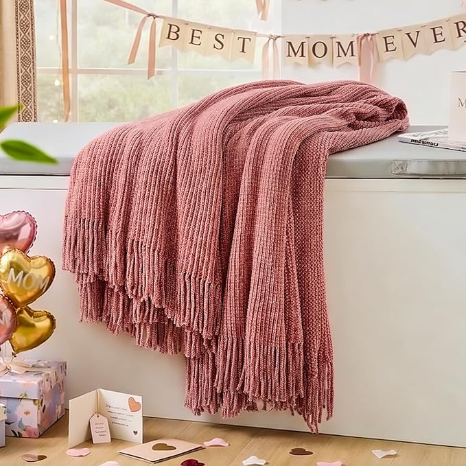 inhand Coral Pink Chunky Chenille Throw Blanket for Couch Bed, Mothers Day/Mom Birthday Gifts for Mom from Daughter Son,Soft Boho Knitted Blanket,Cozy Decor for Living Room,60"x80",Medium Thick