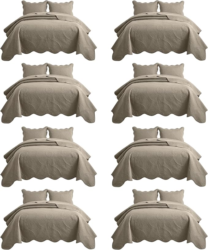 IR Imperial Rooms 8 Pack Quilt King Size Bedding (106" x 96") - Bulk Wholesale for Hotels, Guest Bedroom & Airbnbs - Lightweight Microfiber Reversible Floral Embossed Quilts Bedspreads (Beige)