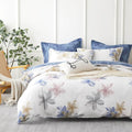 ALEISSEL Natural Cotton 3pcs Floral Comforter Sets Queen Size - Grayish White Comfoter with Blush & Tan Floral Print, Aegean Blue Reverse, Vintage Lightweight Bedding Sets(Queen 90"×90")