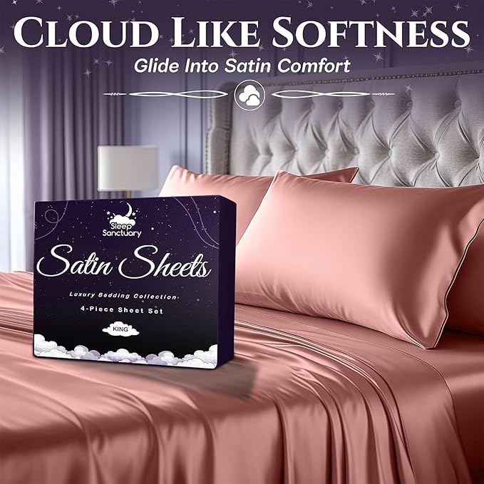 SLEEP SANCTUARY Satin Sheets Full Size – 4 Piece Luxury Silky Bed Set, Softer Than Silk, 15" Deep Pocket, Cooling & Wrinkle-Free, Moisture-Wicking & Breathable for Hair & Skin (Blush Pink)