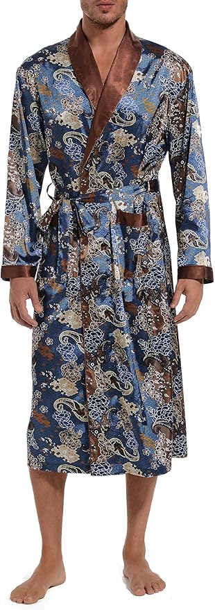 Lavenderi Mens Silky Satin Lounge Robe, Long Lightweight Sleepwear