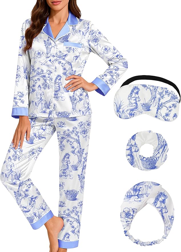 DOLOS Silk Satin Pajama Set for Women Short/Long Sleeve 2-Piece Silky Pajamas for Women Button Down Pjs Sleepwear Loungewear