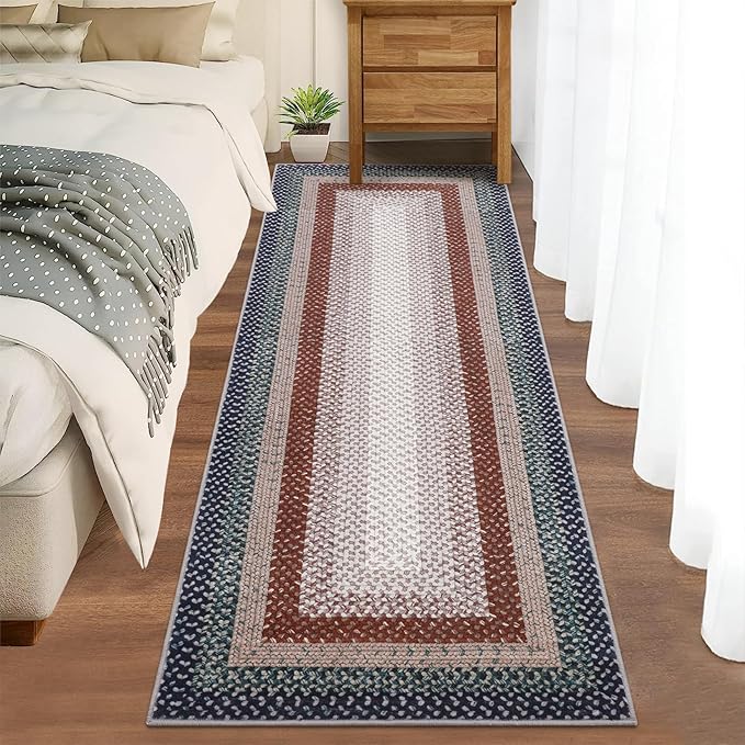 RUGSREAL 2x10 Long Hallway Runner Rug Braided Print Rug Runner Non Slip Kitchen Area Rug Washable Farmhouse Runner Carpet Rustic Accent Area Rug for Living Room Bedroom Bathroom, Olive/Brown