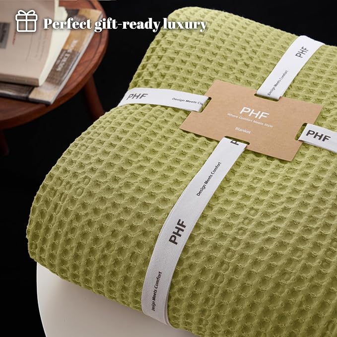 PHF Ultra Soft Waffle Weave Blanket King Size 104"x 90"- Washed Lightweight Breathable Cozy Woven Blanket for Bed - Aesthetic Decor for Couch Bedding Sofa Home Car - Olive Green