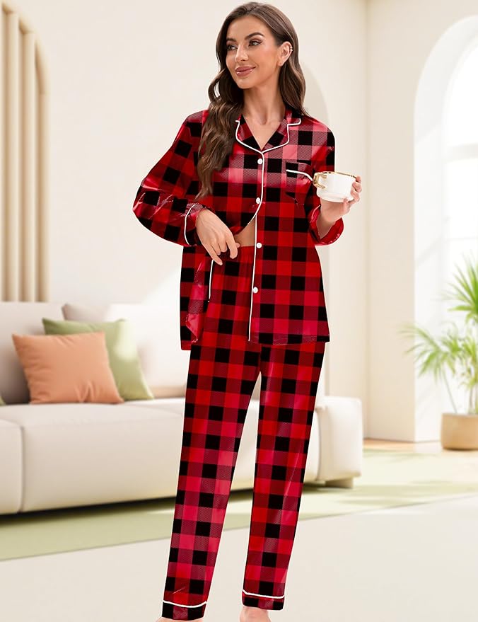 EPLAZA Silk Pajamas for Women Satin Pajamas Set 5 Pcs Long Sleeve Print Pattern Button Down Pjs Sleepwear Loungewear Set