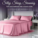 SLEEP SANCTUARY Satin Sheets Full Size – 4 Piece Luxury Silky Bed Set, Softer Than Silk, 15" Deep Pocket, Cooling & Wrinkle-Free, Moisture-Wicking & Breathable for Hair & Skin (Striped Pink)