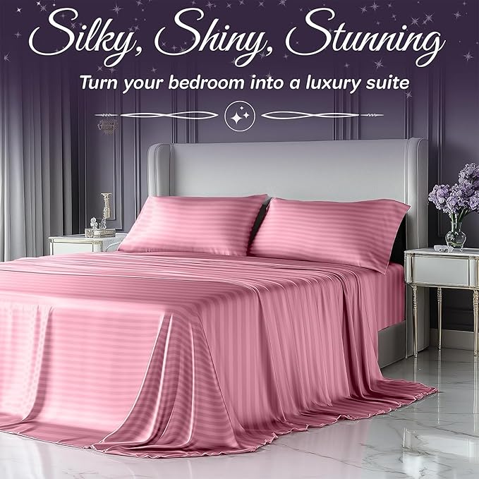 SLEEP SANCTUARY Satin Sheets Full Size – 4 Piece Luxury Silky Bed Set, Softer Than Silk, 15" Deep Pocket, Cooling & Wrinkle-Free, Moisture-Wicking & Breathable for Hair & Skin (Striped Pink)