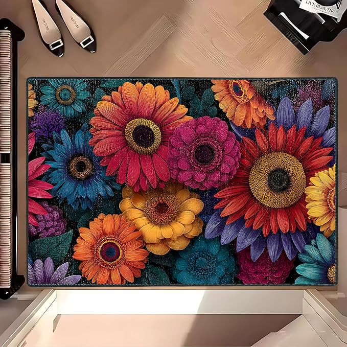 Flower Area Rug 2x3 ft Entry Rug Washable BohemianRugs Non Slip Low Pile Floral Door Mat Small Carpet for Bedroom, Bedside, Kids Room, Office, Dining Room
