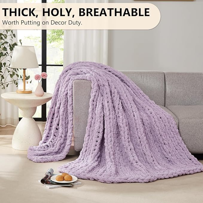 L'AGRATY Chunky Knit Blanket Throw - Soft Chenille Yarn Throw Blanket 60x80: Handmade Thick Cable Knit Crochet Blanket - Large Knit Blanket Chunky Rope Knot Throw Blanket for Couch Sofa Bed Home Decor