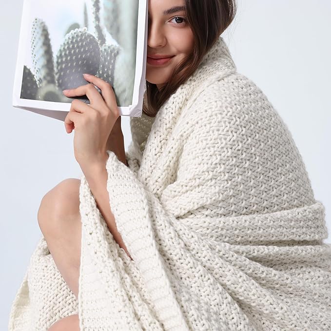 WDCOZY Chunky Cable Knit Throw Blanket Super Soft Warm Knitted Throw Blanket for Couch, Sofa, Chair, Bed Lightweight Breathable Cozy Comfortable Home Decorative Ivory Cream White 60x80 Inches