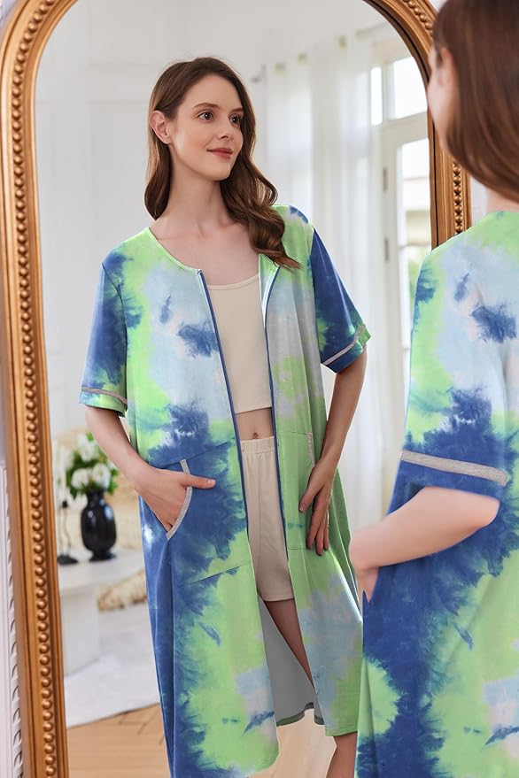 Ekouaer Women Zipper Robe Short Sleeve Duster Housecoat Short Bathrobes Zip Front Nightgown with Pockets S-3XL