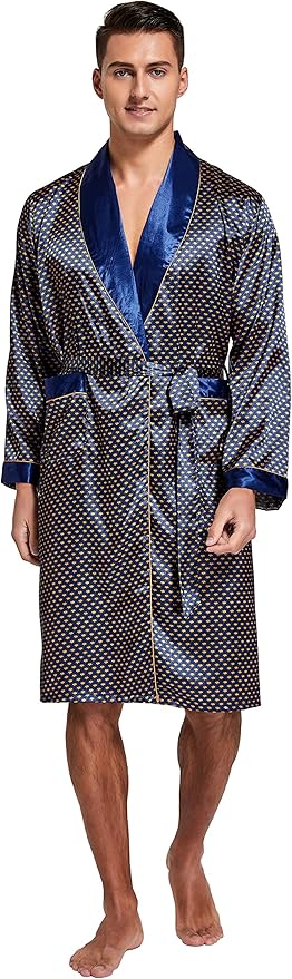 Tony & Candice Men's Satin Robe Lightweight Long Sleeve Silk Kimono Bathrobe with Shorts Set Sleepwear