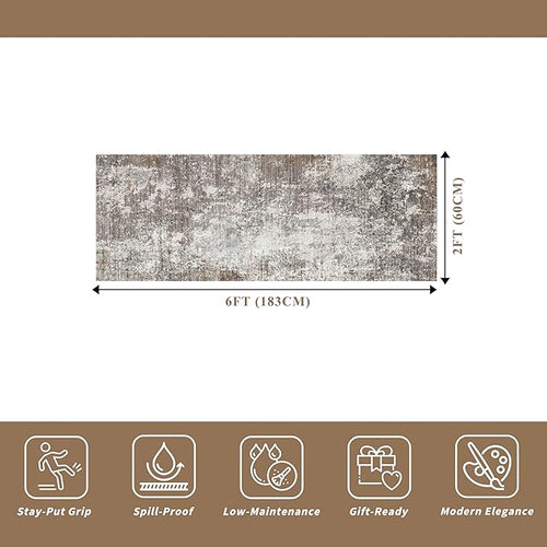2x6 Runner Rug Non-Slip Washable for Kitchen Hallway - Modern Abstract Neutral Carpet Runner for Bedroom Bedside Laundry Room Entryway – Soft Low-Pile Stain-Resistant (Brown Beige, 2x6)