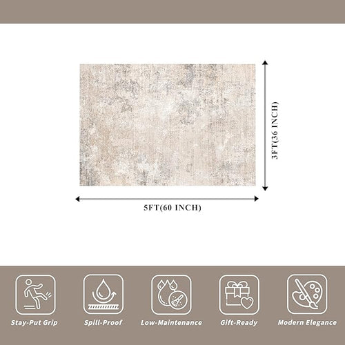 3x5 Washable Entryway Rug – Non-Slip Rubber Backed Small Area Rug for Kitchen, Bedroom, Living Room, Office – Soft Low-Pile Thin Modern Abstract Neutral Throw Rug (Beige Grey, 3x5)