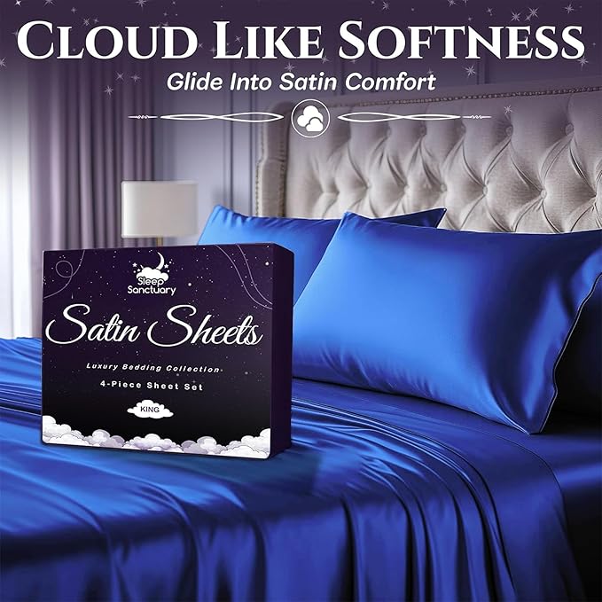 SLEEP SANCTUARY Satin Sheets Full Size – 4 Piece Luxury Silky Bed Set, Softer Than Silk, 15" Deep Pocket, Cooling & Wrinkle-Free, Moisture-Wicking & Breathable for Hair & Skin (Blue)