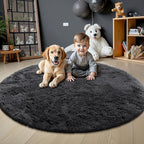 OLANLY Black Round Rugs for Bedroom - Machine Washable, 4 ft Circle Area Rugs for Living Room, Soft and Fluffy Shaggy Carpet for Teen Girls and Boys, Nursery Rooms, Dorms, Home Decor Aesthetic