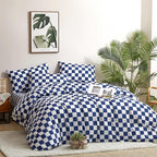 CLOTHKNOW Blue White Plaid Queen Comforter Set 3Pcs Grid Bedding Comforter Sets Checkerboard Comforter Royal Blue White Comforter with 2 x Pillow Cases