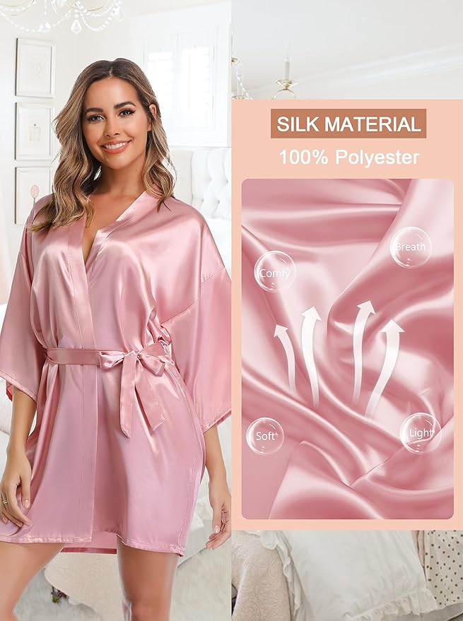 Women's Short Satin Robe Silky Bathrobes Bridal Bridesmaid Kimono Robe V-Neck Sleepwear S-XXL