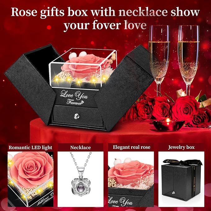 Lebana Preserved Pink Peach Real Rose with Heart I Love You Necklace -Eternal Flowers Rose Birthday Gifts for Women Her Mom Wife Girlfriend Grandma on Valentines Mothers Day Christmas Anniversary
