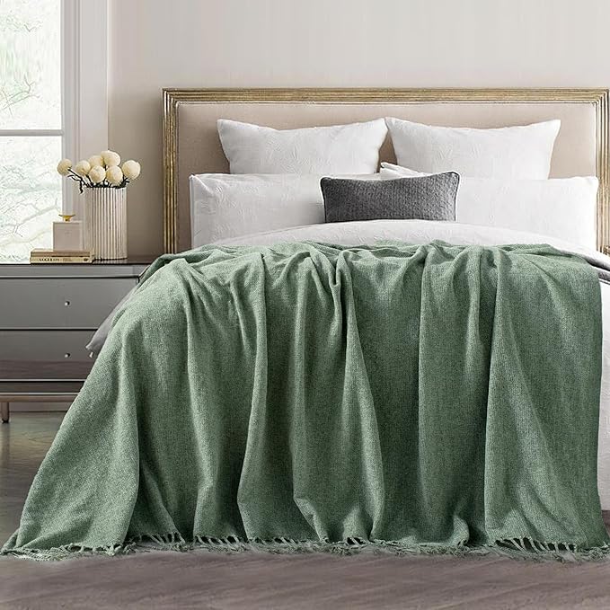 Chenille Throw Blanket for Couch with Tassels,60"X80" Soft Lightweight Knitted Boho Decorative Blankets for Bed and Sofa,Sage Green