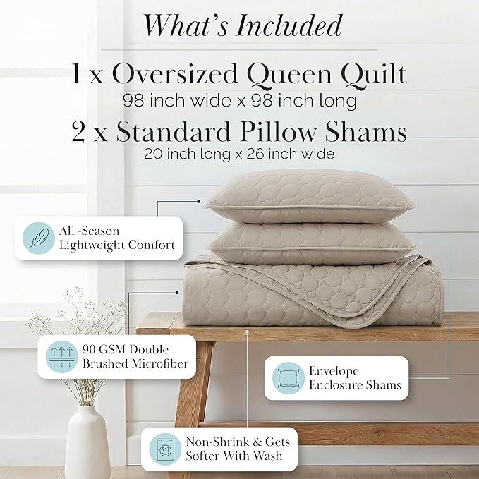 Southshore Fine Living, Inc. Oversized Full Size Quilt Bedding Set, Lightweight Bedspread, Soft Coverlet 3-Piece Set with Two Matching Quilted Pillow Shams, All Season Full/Queen Quilts, Sandy Taupe