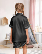 EPLAZA Kids Satin Pajamas Sets Girls Boys Button-Down Silky Pajamas Sleepwear with Hairband Eye Mask Hair Tie