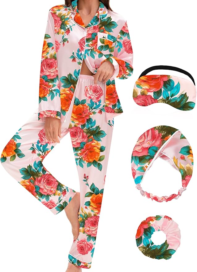 EPLAZA Silk Pajamas for Women Satin Pajamas Set 5 Pcs Long Sleeve Print Pattern Button Down Pjs Sleepwear Loungewear Set
