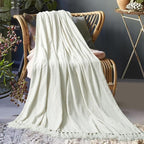 Chenille Throw Blanket for Couch 60"X 80" Twin, Soft Cozy Throws with Fringe Tassel for Bed Sofa Chair Cover, Lightweight Knitted Decorative Boho Blankets for Living Room, Ivory White