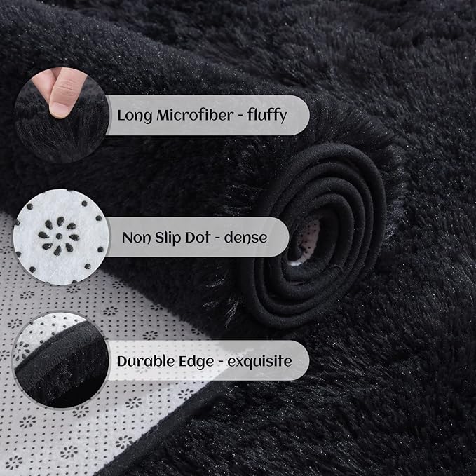 YJ.GWL Fluffy Runner Rug for Bedroom Living Room Soft Shag Rugs 2x6 Feet, Black Plush Carpet Non Slip for Nursery Dorm, Fuzzy Bedside Rug for Kids Boys Girls Room Home Decor