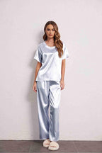 Ekouaer Womens Satin Silky Pajama Set Short Sleeve Shirt with Long Pajama Pant Set Soft PJ Loungewear