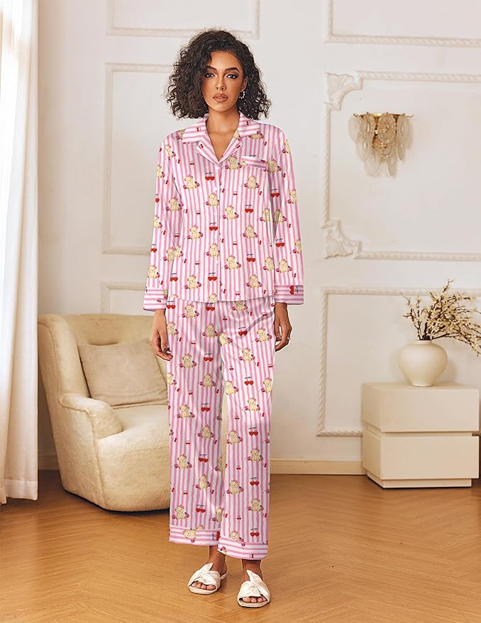 Ekouaer Womens Silk Satin Pajama Sets 2 Piece Sleepwear Pjs Set Long Sleeve Button Down Top and Pants Stripe Loungewear S-XXL