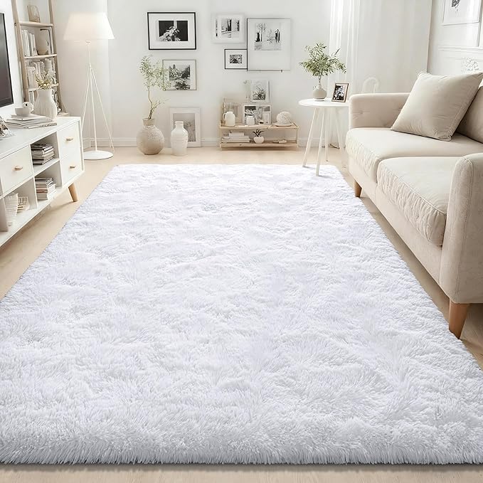 ISEAU Fluffy Rug Carpets Soft Shaggy Area Rugs Indoor Floor Mats for Kids Room Fuzzy Carpet Comfy Cute Nursery Mat Bedside Rug for Boys Girls Bedroom Living Room Home Decor Mat, 5ft x 8ft, White
